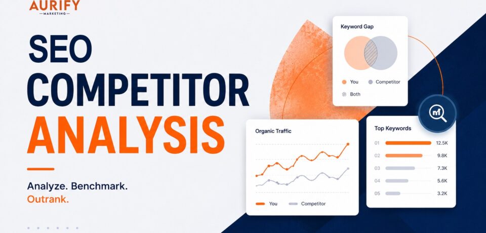 SEO Competitor Analysis – Analyze Competitors to Improve Search Rankings SEO Competitor Analysis dashboard showing keyword gap analysis, organic traffic comparison, and top keyword performance to improve search engine rankings.
