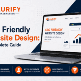SEO friendly website design guide by Aurify Marketing showing a professional website, SEO optimization, higher rankings, traffic, and conversions.