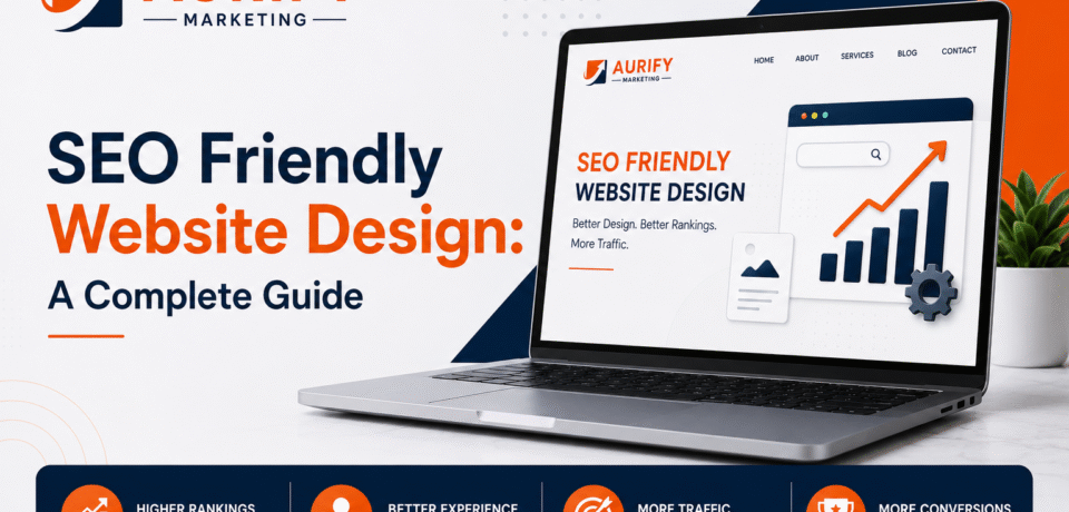 SEO Friendly Website Design: A Complete Guide | Aurify Marketing SEO friendly website design guide by Aurify Marketing showing a professional website, SEO optimization, higher rankings, traffic, and conversions.