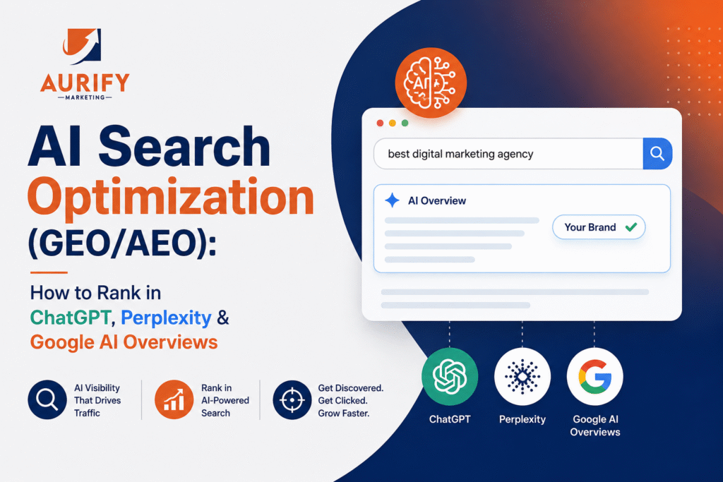 AI Search Optimization (GEO/AEO) guide showing how to rank in ChatGPT, Perplexity, and Google AI Overviews with Aurify Marketing.